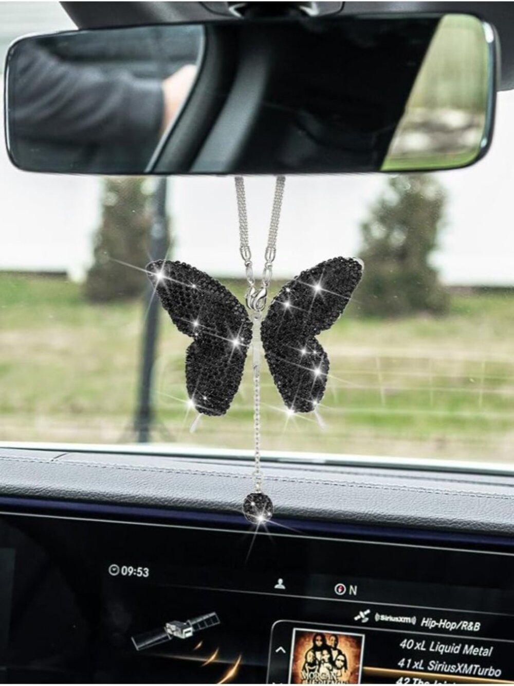 Rhinestone Butterfly Rearview Mirror Charm, Black